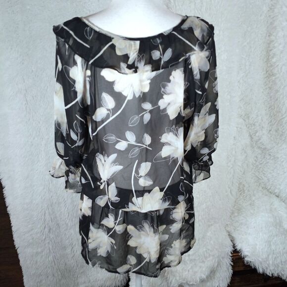 BISOU BISOU BLACK & CREAM FLORAL SHEER BLOUSE SZ.L EUC - Picture 4 of 7